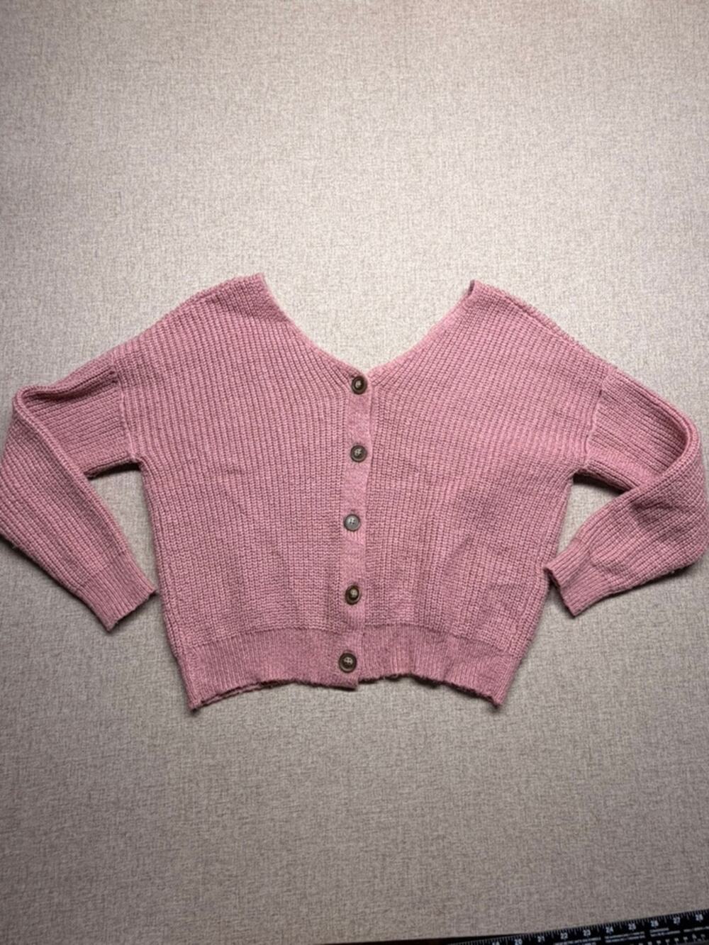 Pink Chunky Knit V-Neck Button Front Cardigan Sweater Large
